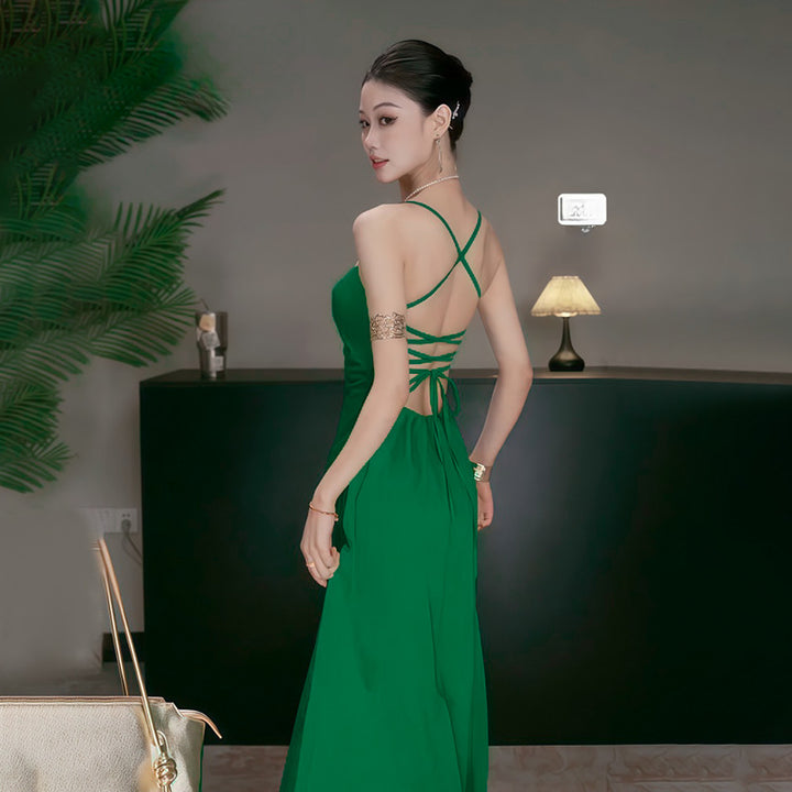Green Cowl Neck Backless Dress