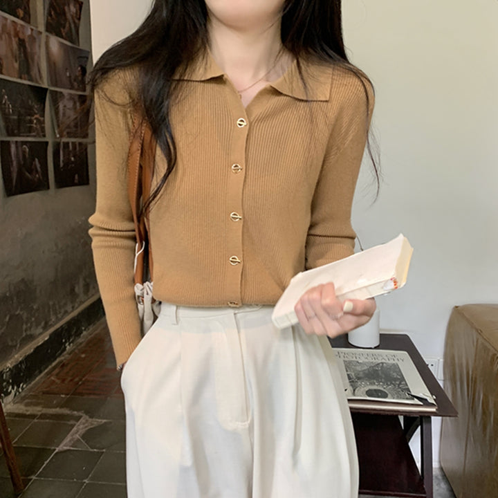 Tan Full Sleeve Collared Buttoned Top