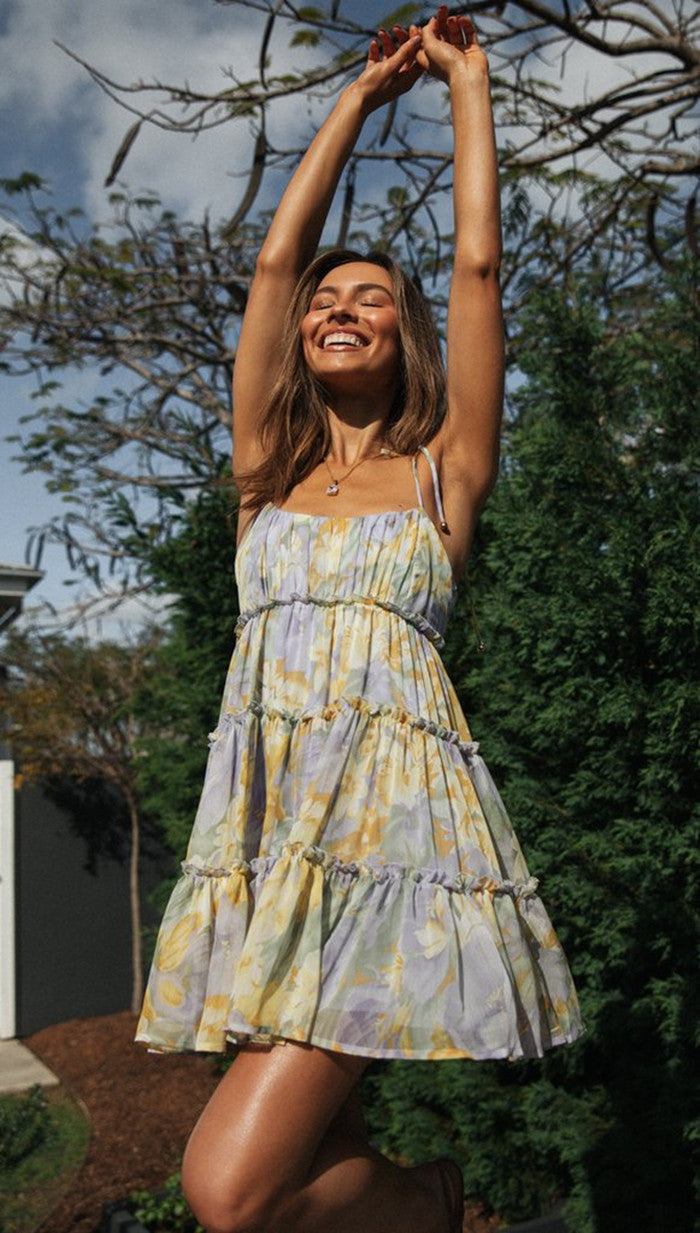 Blue Printed Multi Tiered Flowy Dress