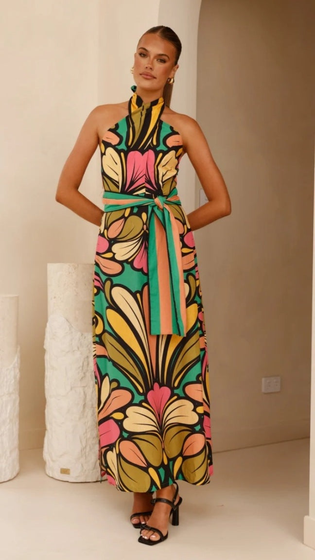 Green Abstract Printed Cross Halter Neck Dress