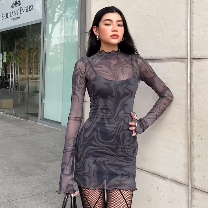 Black Printed Mesh Full Sleeves Mini Dress