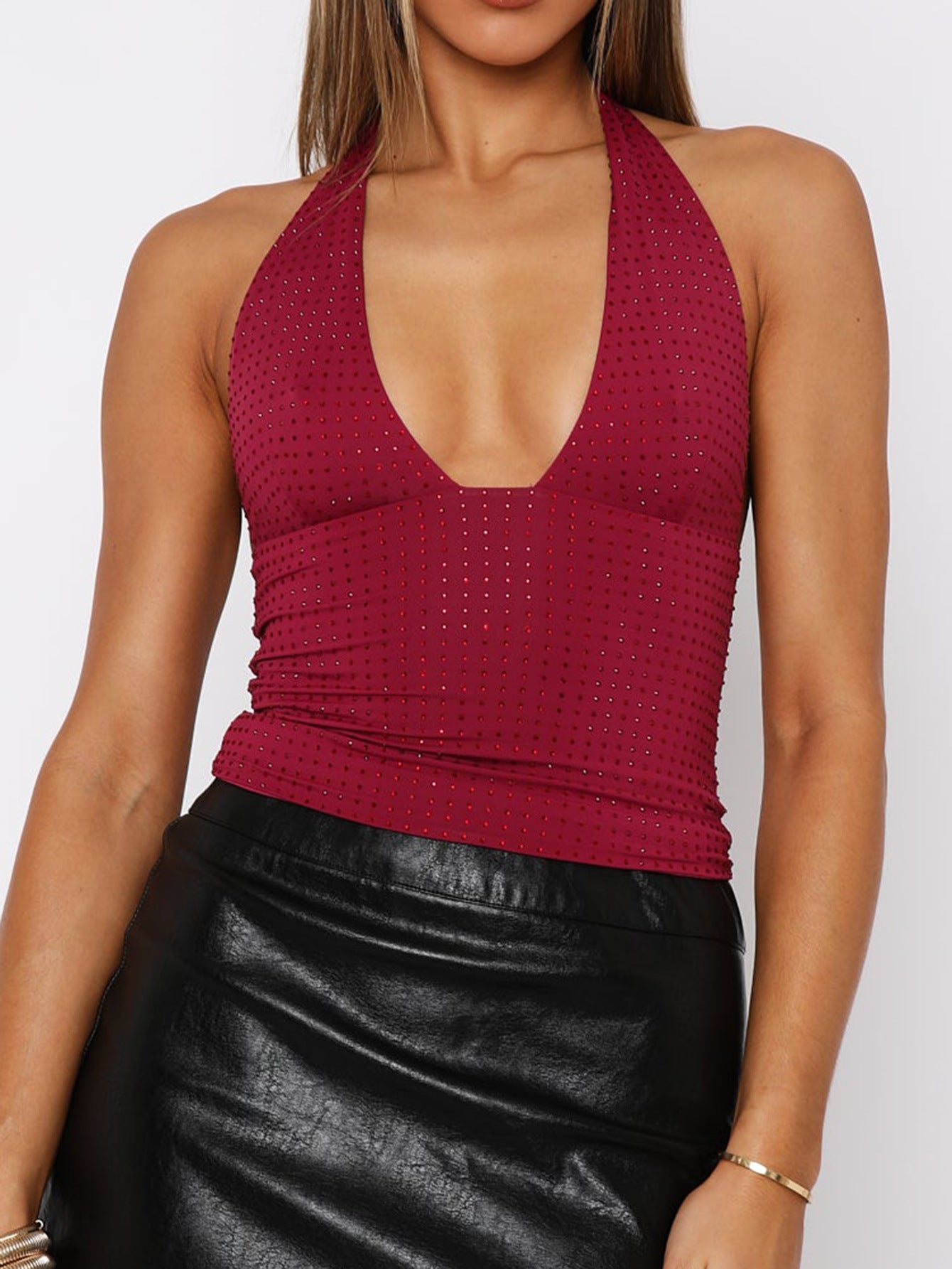 Wine Halter Neck Shimmer Top