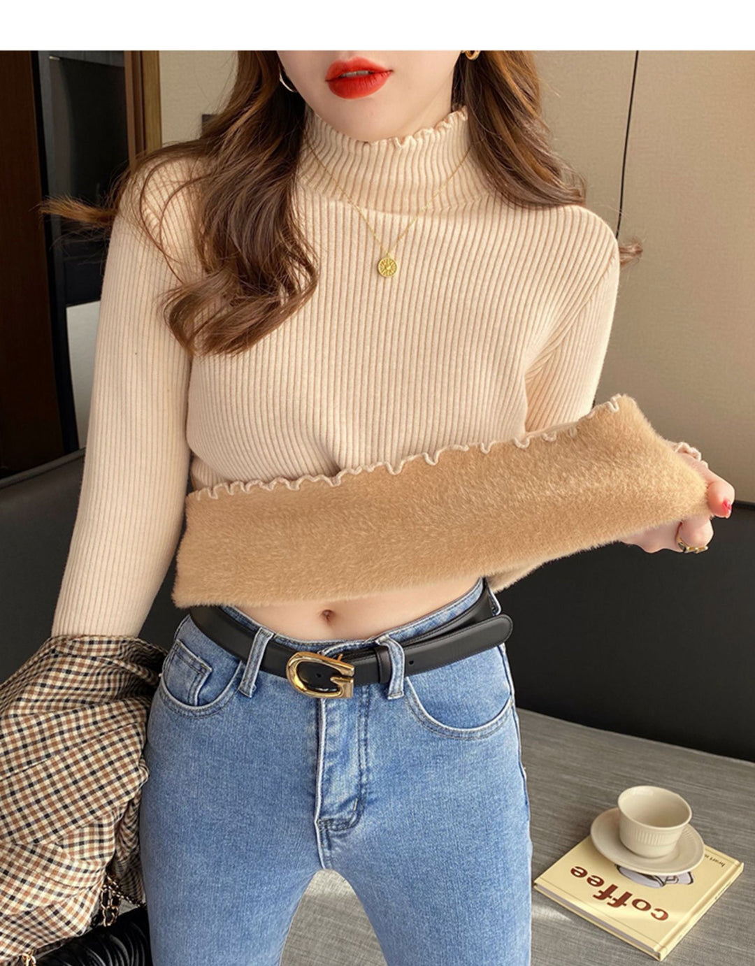 Beige Full Sleeve Scallop Hem Mock Neck Fitted Sweater