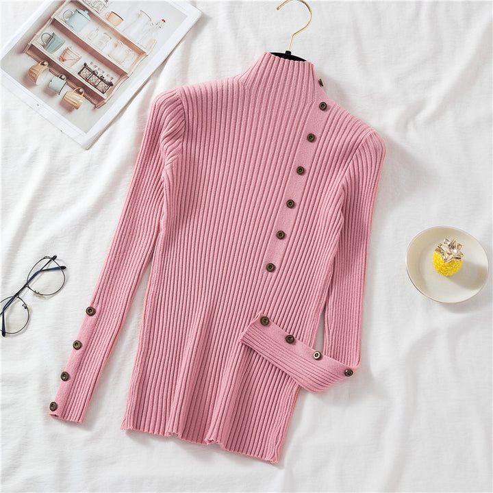 Pink Full Sleeve Button Trim Fitted Sweaters
