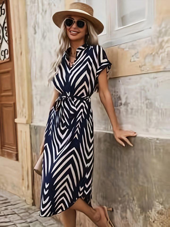 Navy Blue Mandarin Collared Dress With Belt