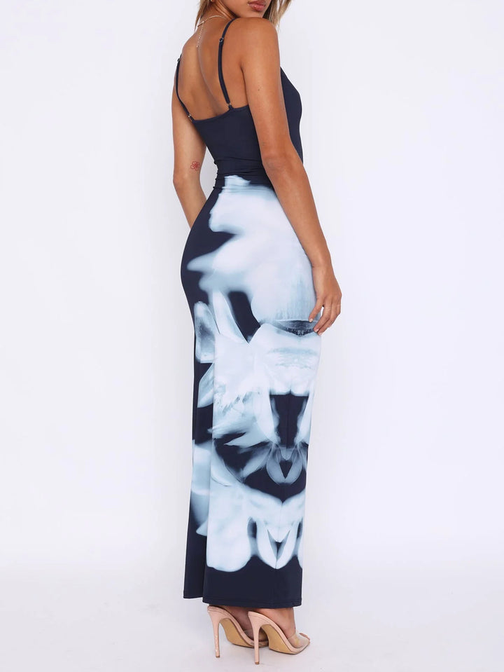 Navy Blue Spaghetti Strap Printed Dress
