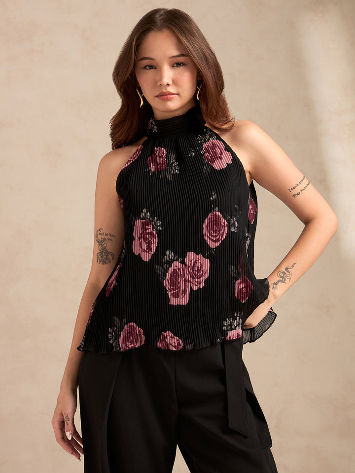 Black Halter Neck Plisse Flared Printed Top