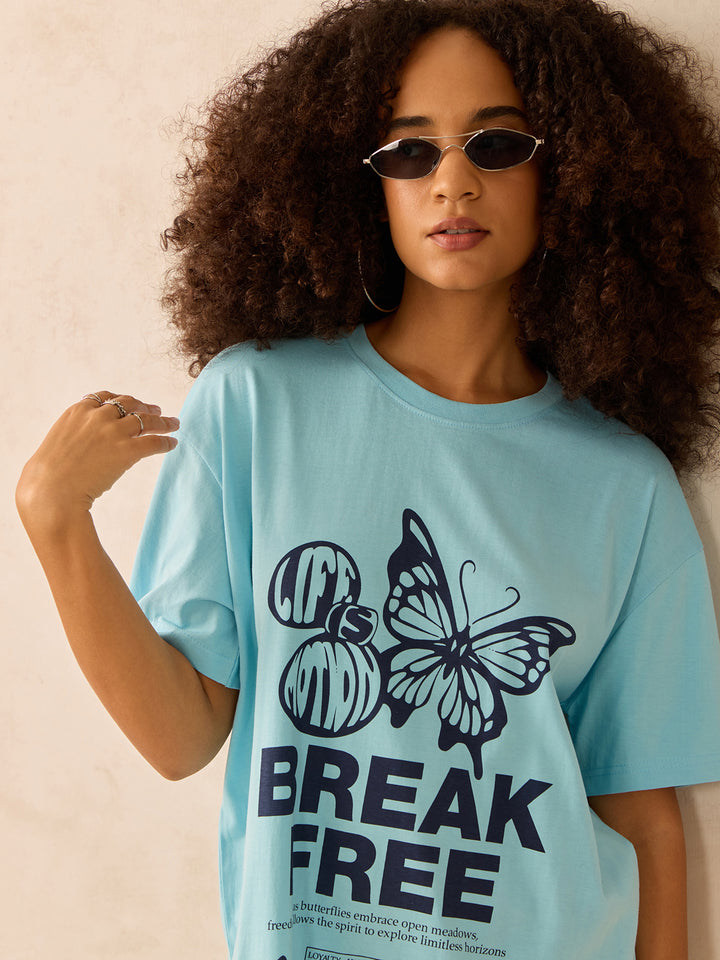 Blue Crew Neck Graphic Tshirt