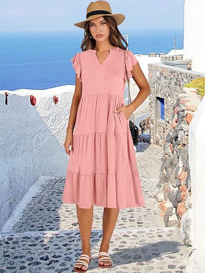 Pink High V Neck Tiered Dress With Pockets