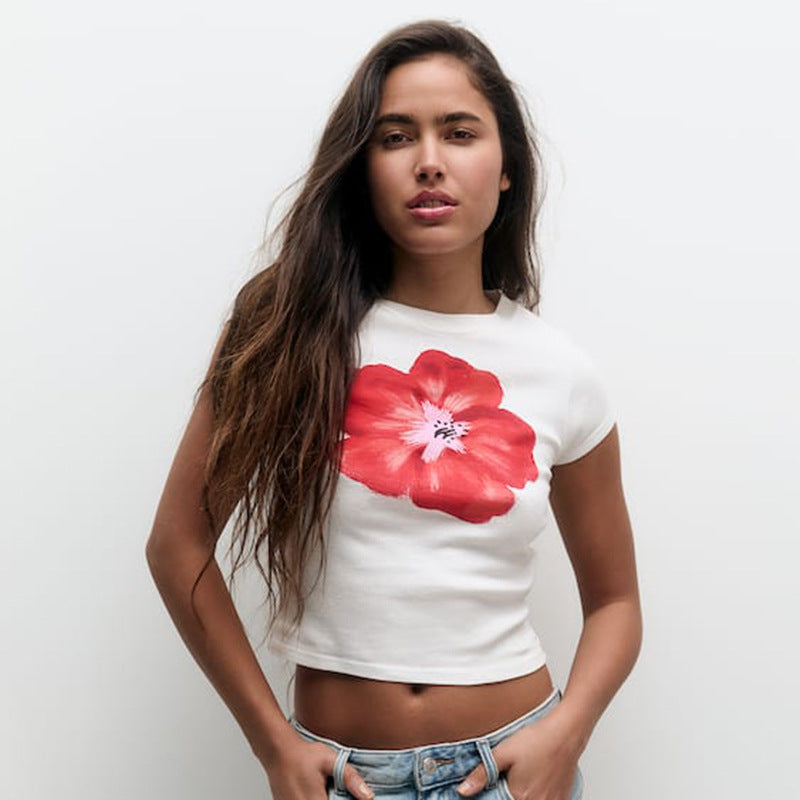 White Floral Print Cropped Tshirt