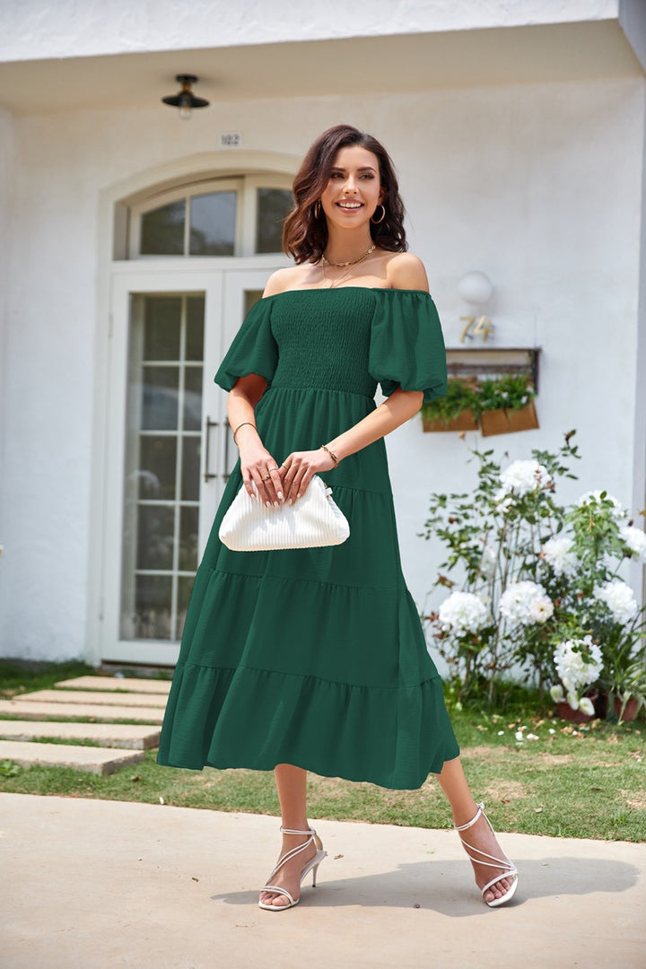 Green Square Neck Puff Sleeved Tiered Dress