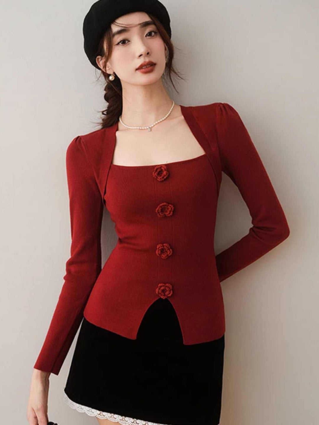 Maroon Full Sleeve Square Neck Flower Trim Top