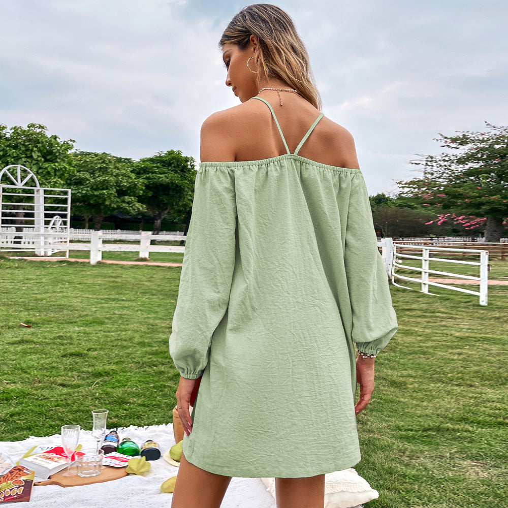 Green Cold Shoulder Bishop Sleeve Dress