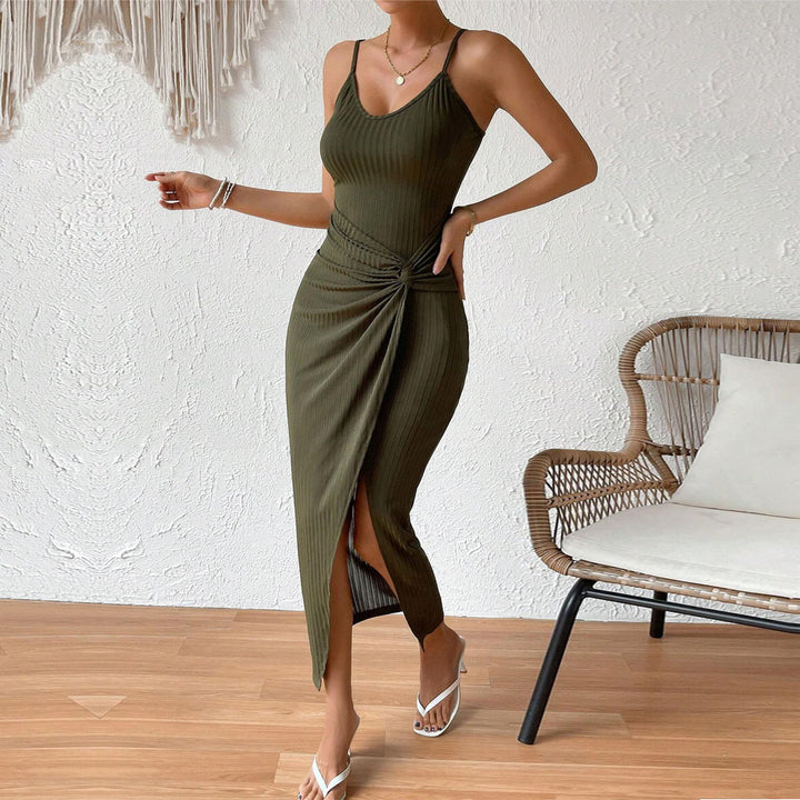 Olive Shoulder Strap Wrap Knot Dress