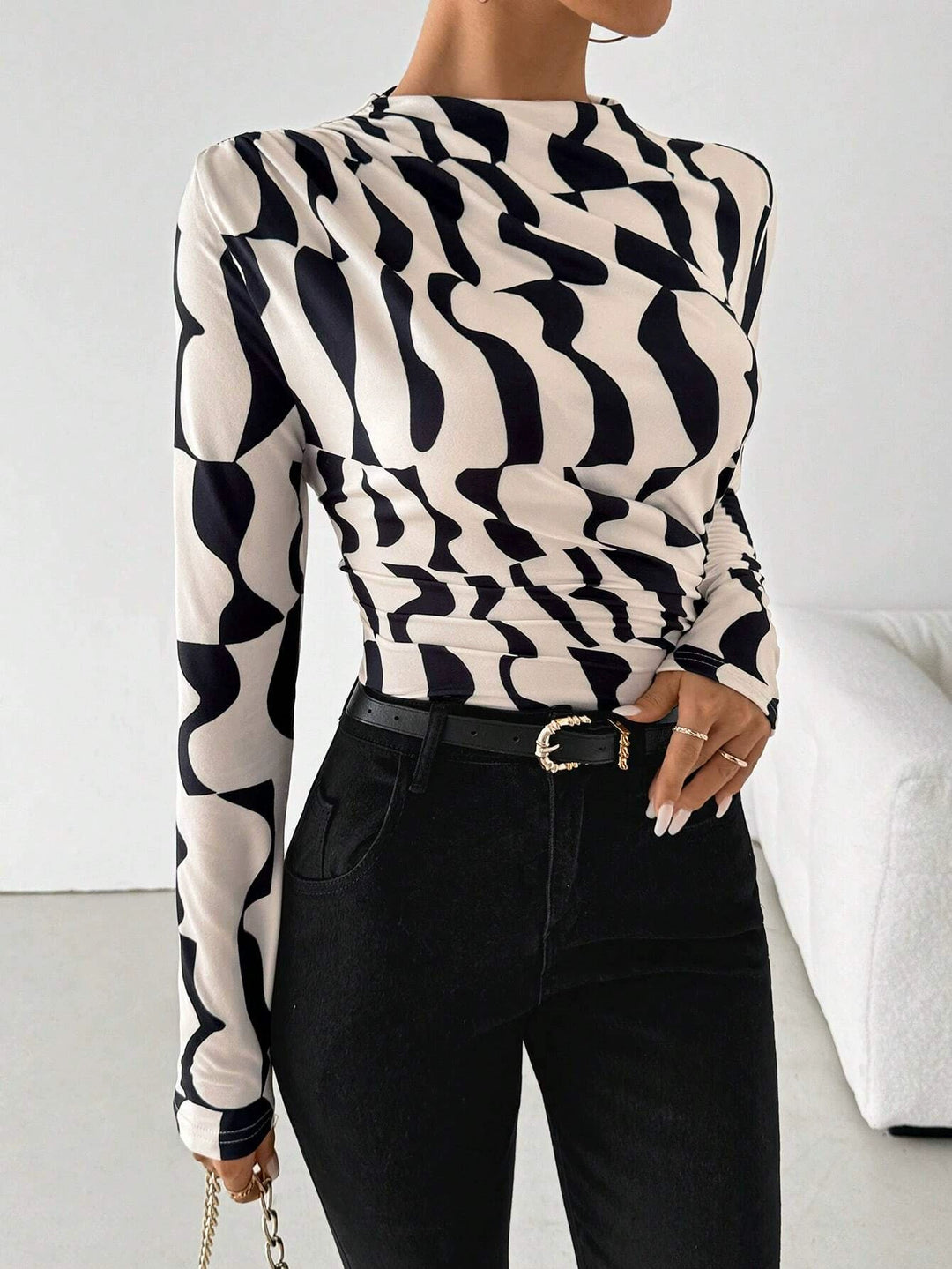 Off White Full Sleeve High Neck Printed Top