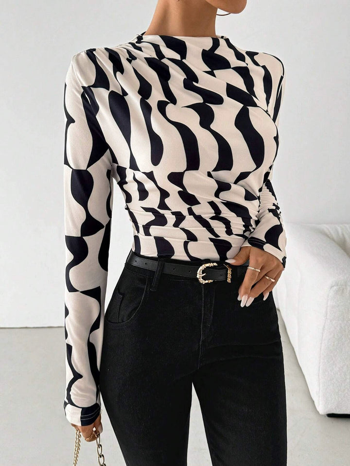 Off White Full Sleeve High Neck Printed Top