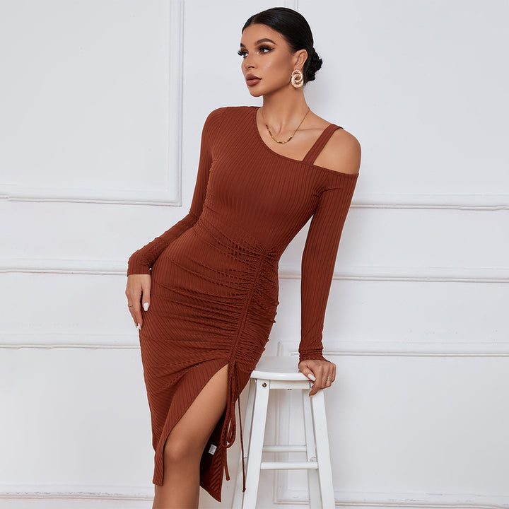 Brown Full Sleeve Cold Shoulder Front Ruched Dress