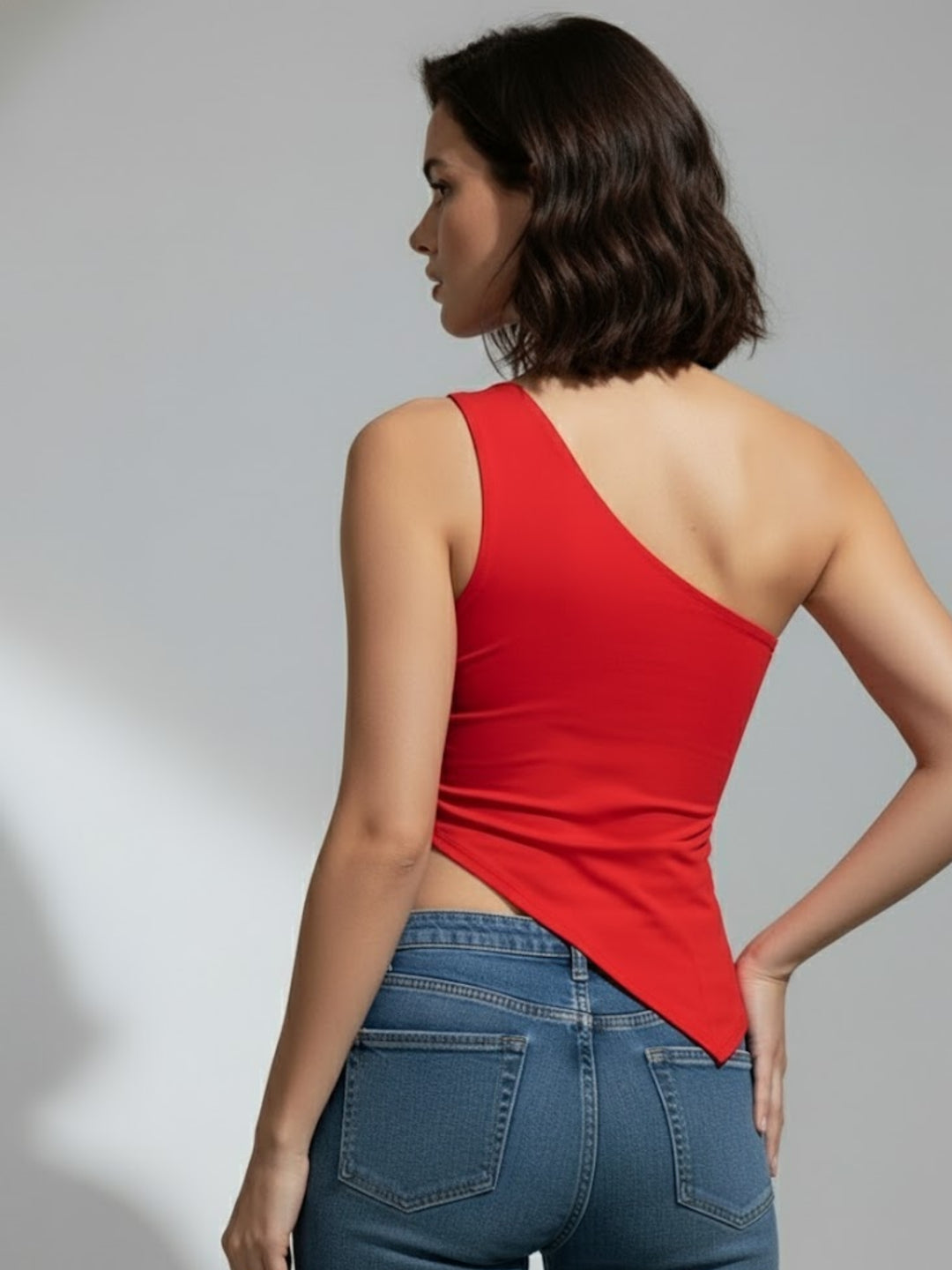 Red One Shoulder Asymmetric Buckle Top