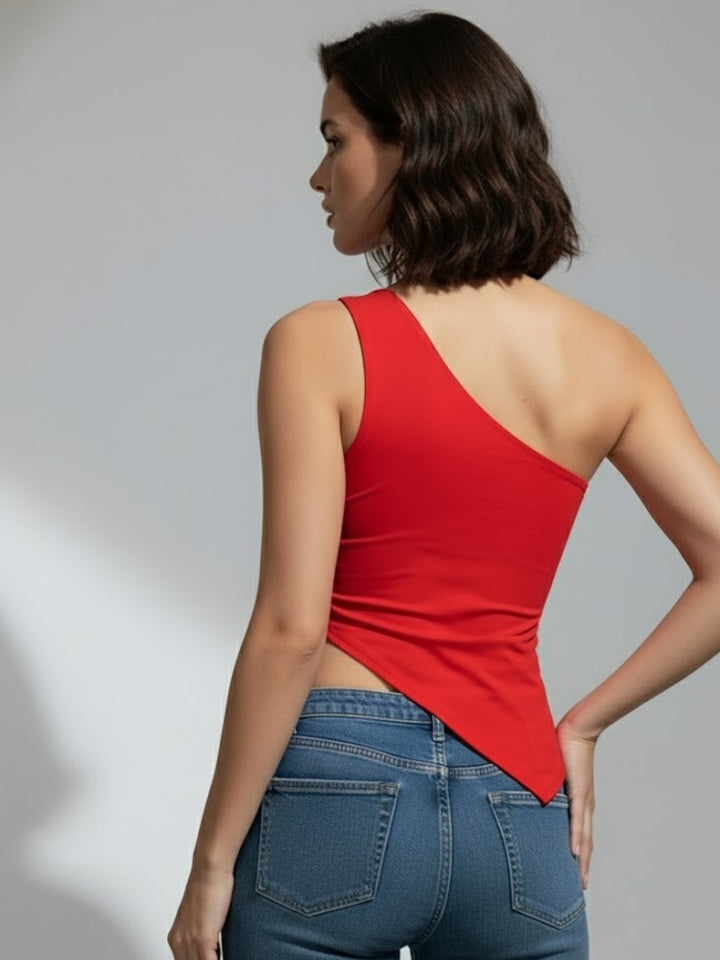 Red One Shoulder Asymmetric Buckle Top