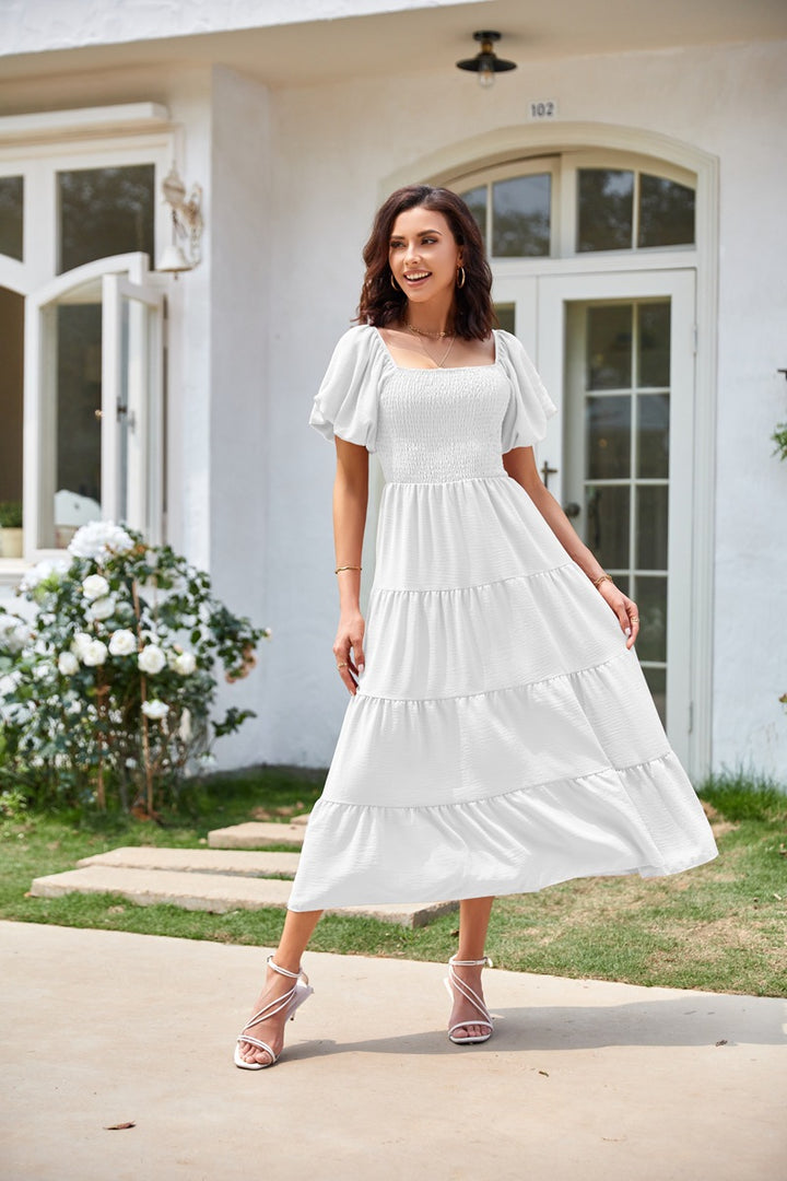 White Square Neck Puff Sleeved Tiered Dress