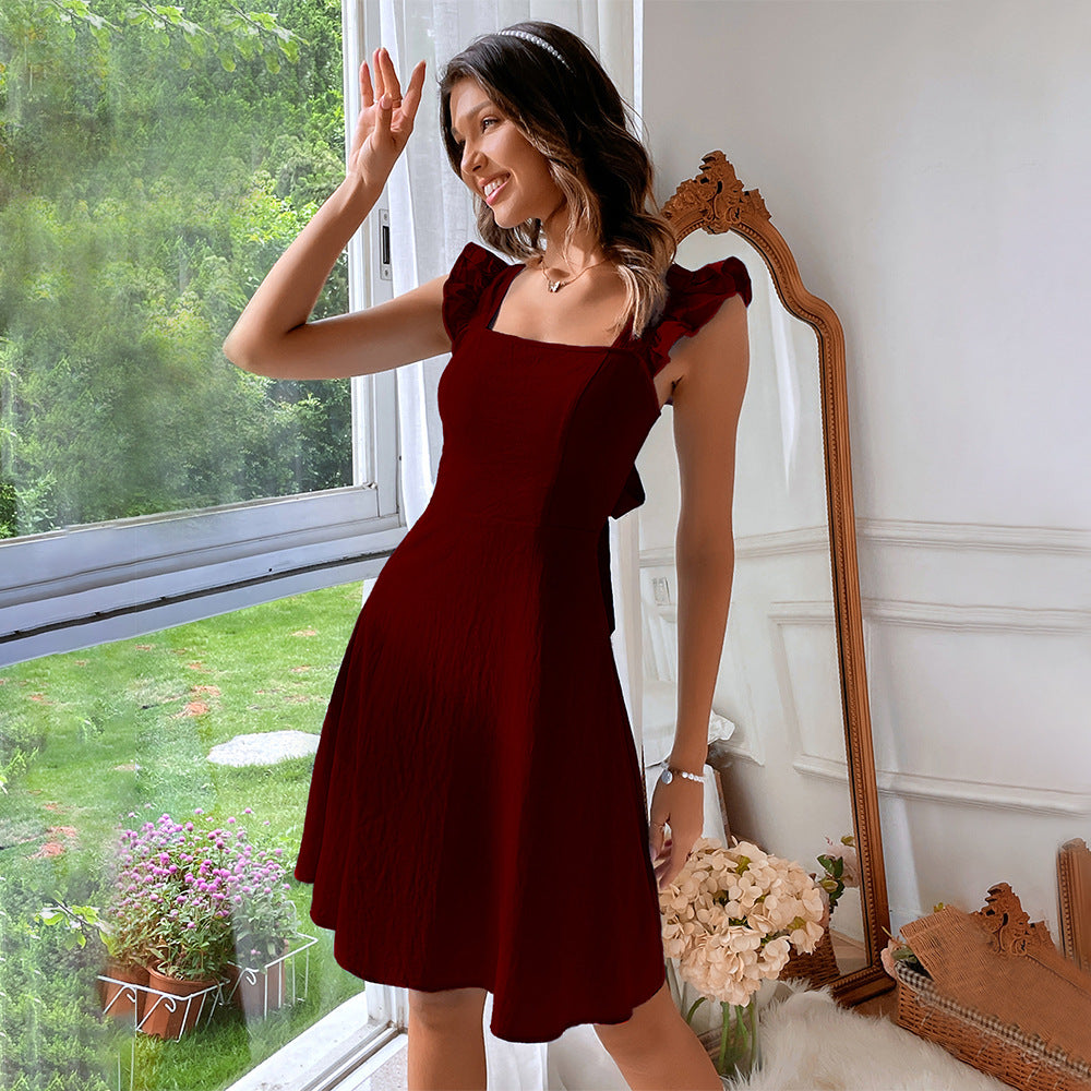 Wine Ruffle Sleeve Dress