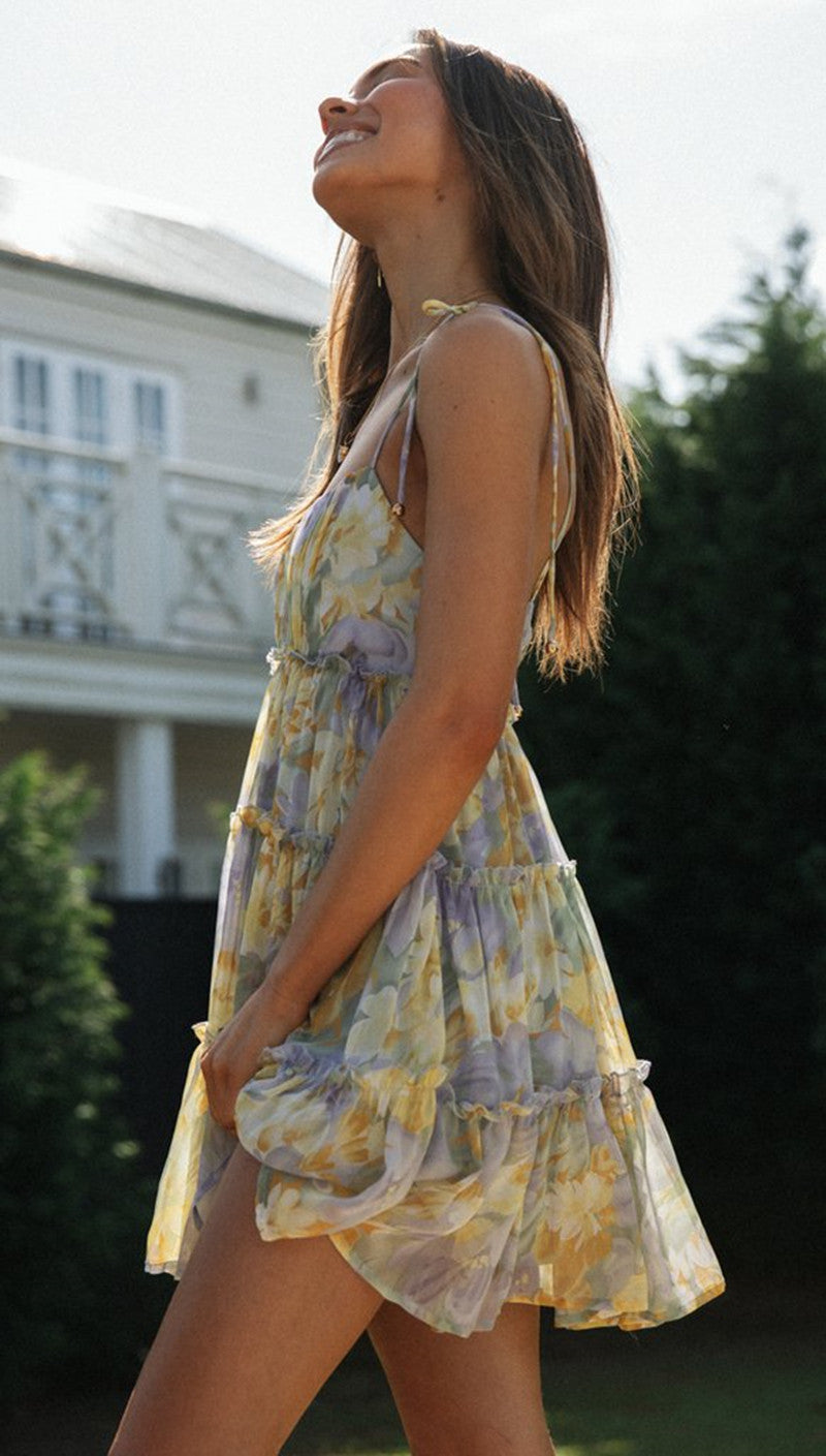 Blue Printed Multi Tiered Flowy Dress