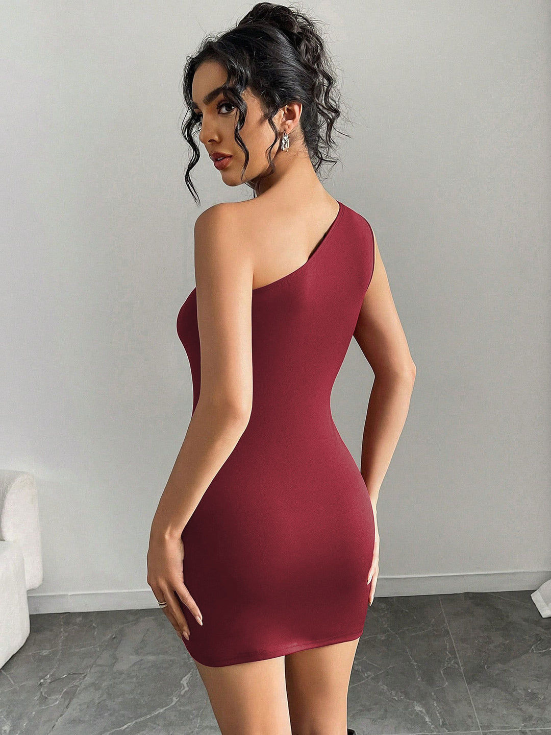 Red One Off Shoulder Metal Dress