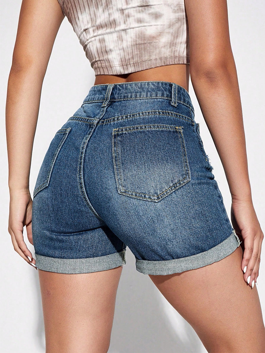 Blue Distressed And Folded Hem Denim Shorts