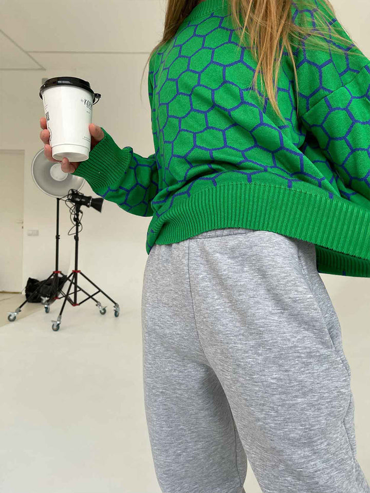 Green Oversized Honey Comb Printed Sweater