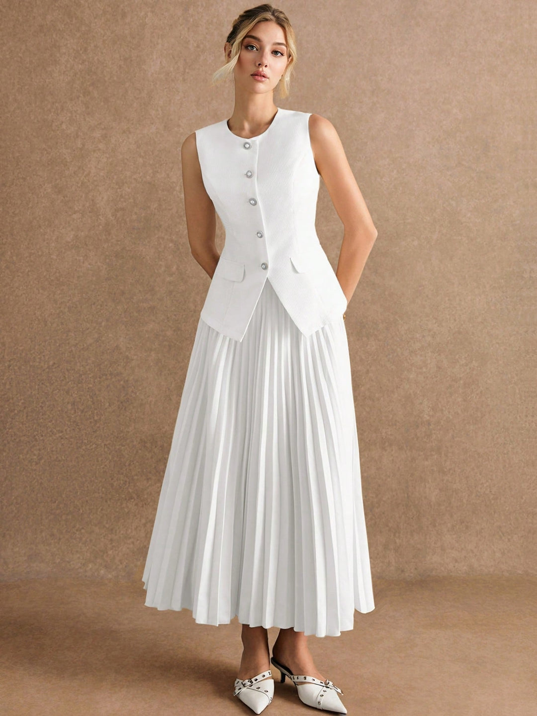 White Sleeveless Fitted Vest & Pleated Skirt Set