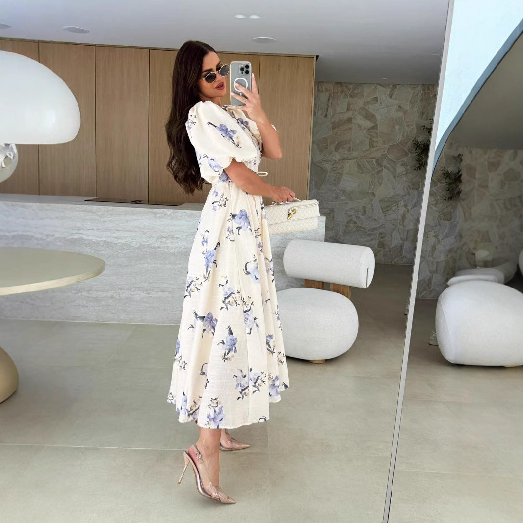 White Puff Sleeved Printed Dress