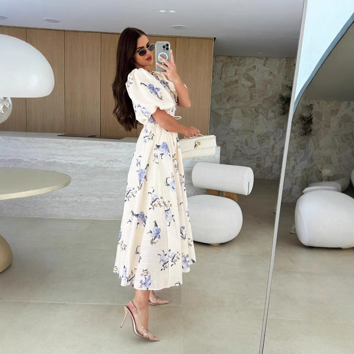 White Puff Sleeved Printed Dress