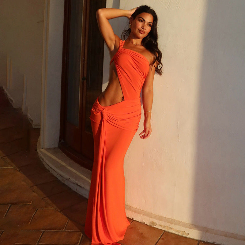 Orange One-Shoulder Ruched Maxi Dress