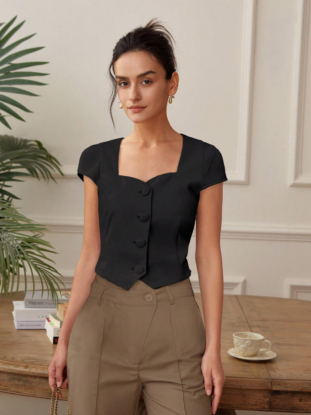 Black Front Button  Top