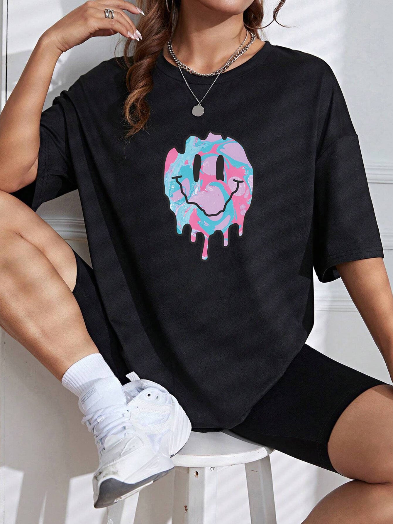Black Smiley Chest Print Graphic Tshirt