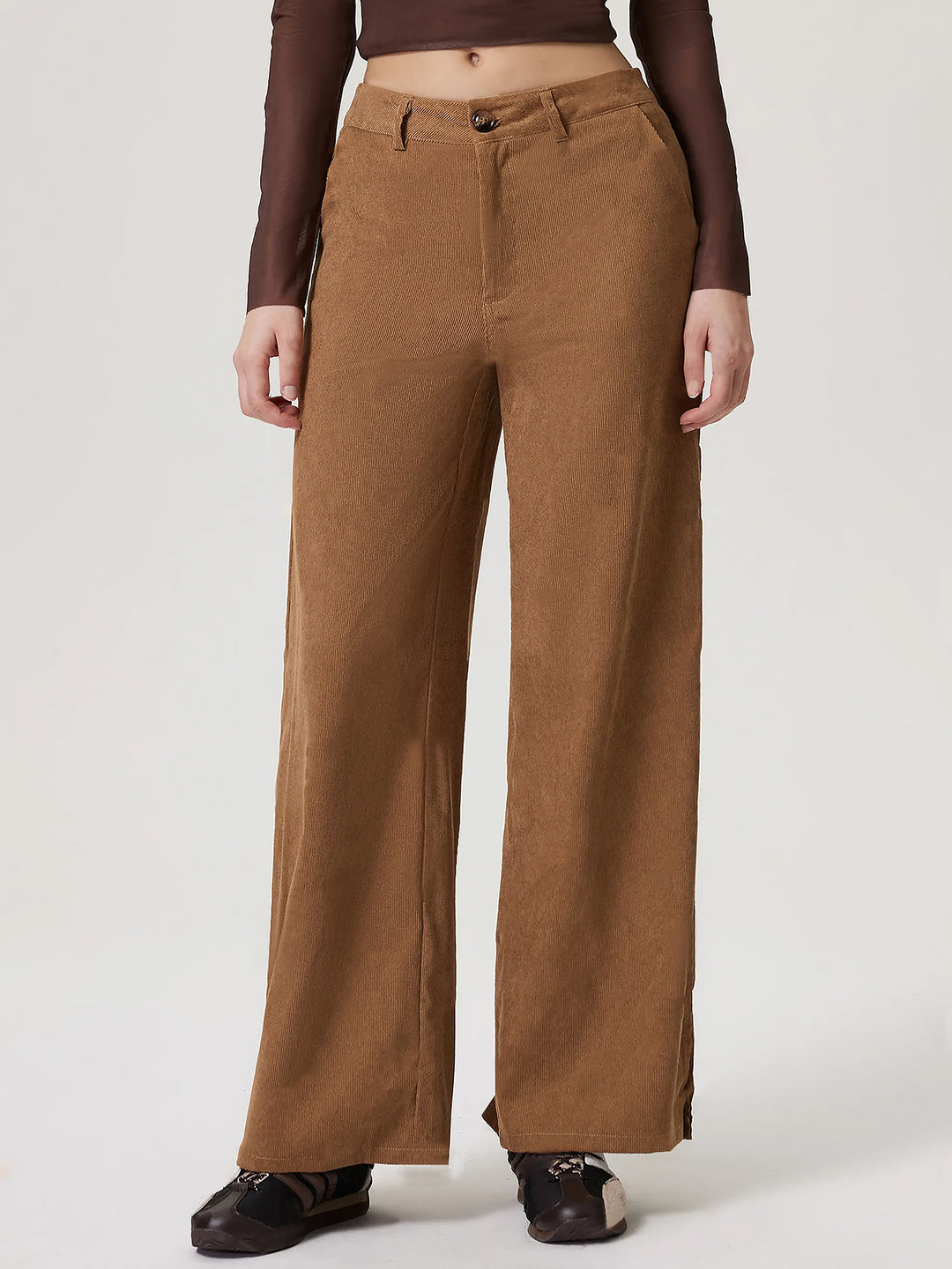Khaki Wide Leg Side Slit Trousers