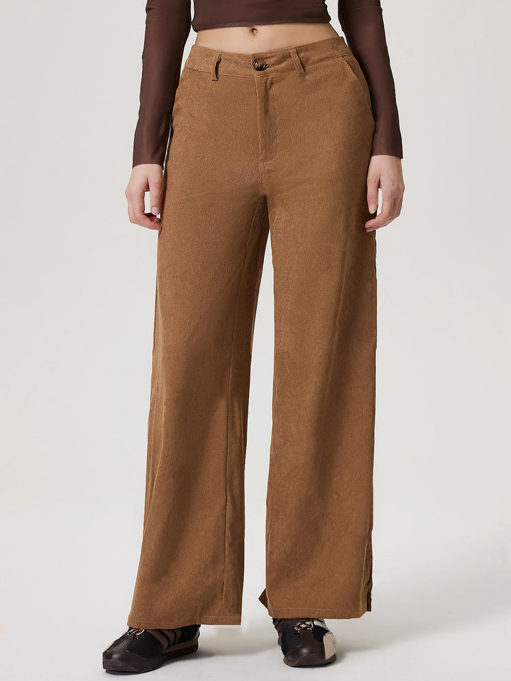Khaki Wide Leg Side Slit Trousers