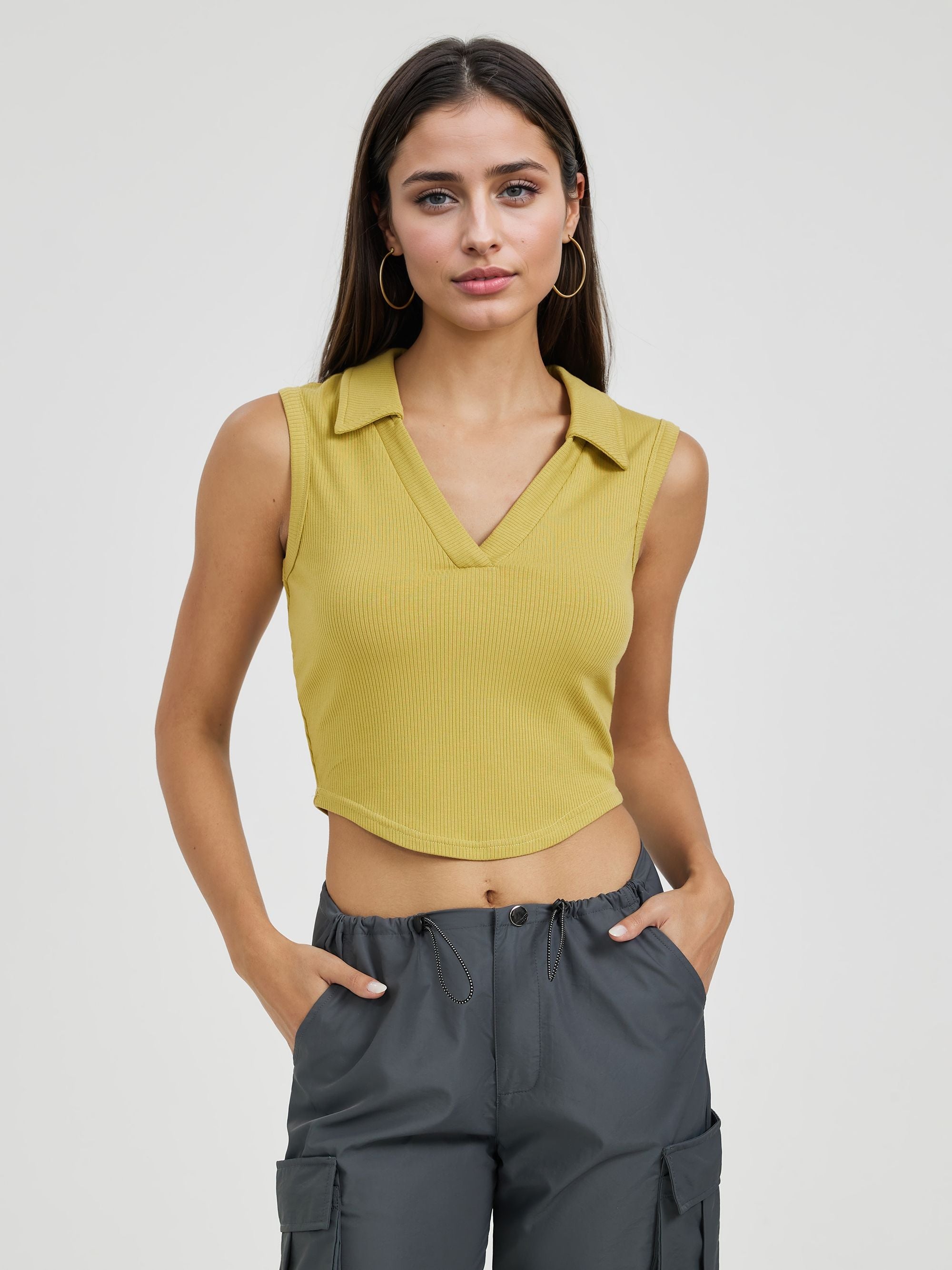 Yellow Collar V Neck Crop Top