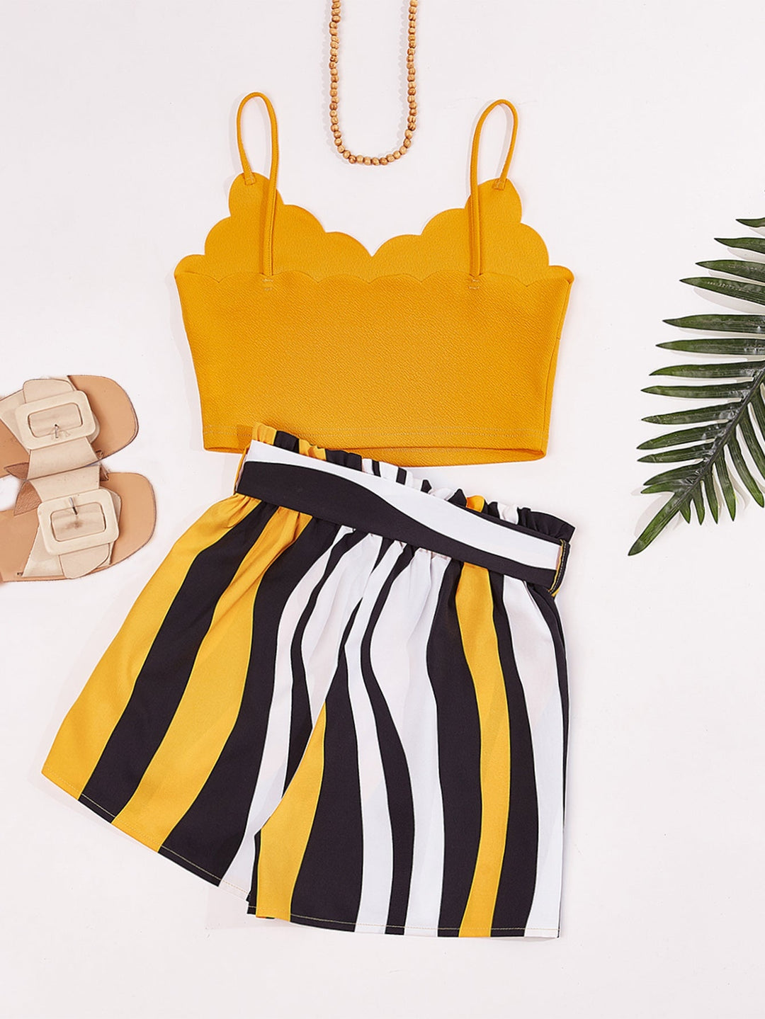 Mustard Spaghetti Strap Sweetheart Neck Top And Striped Shorts Set