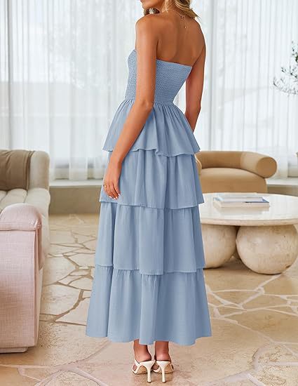 Blue Tube Smoked Dress With Ruffled Layers