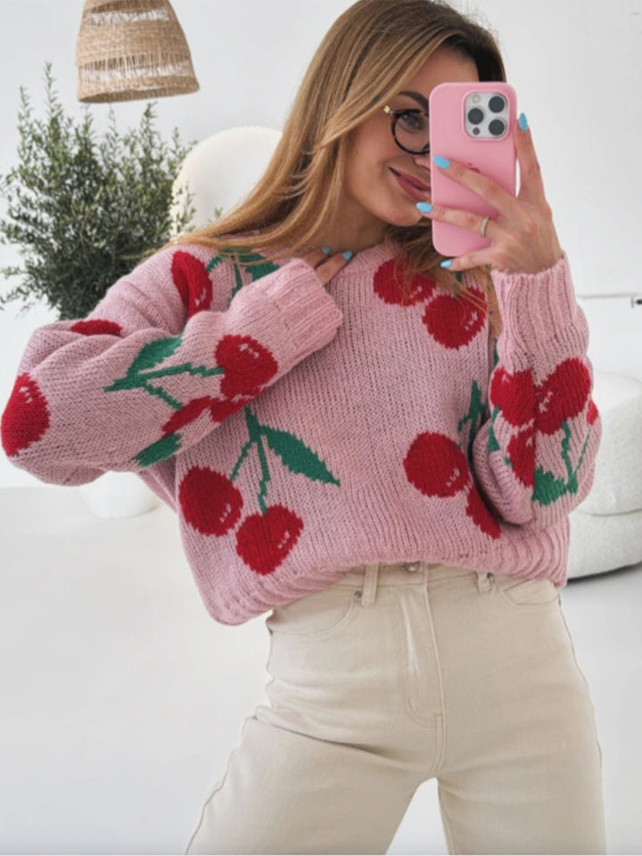 Pink Full Sleeves Printed Relaxed Sweaters