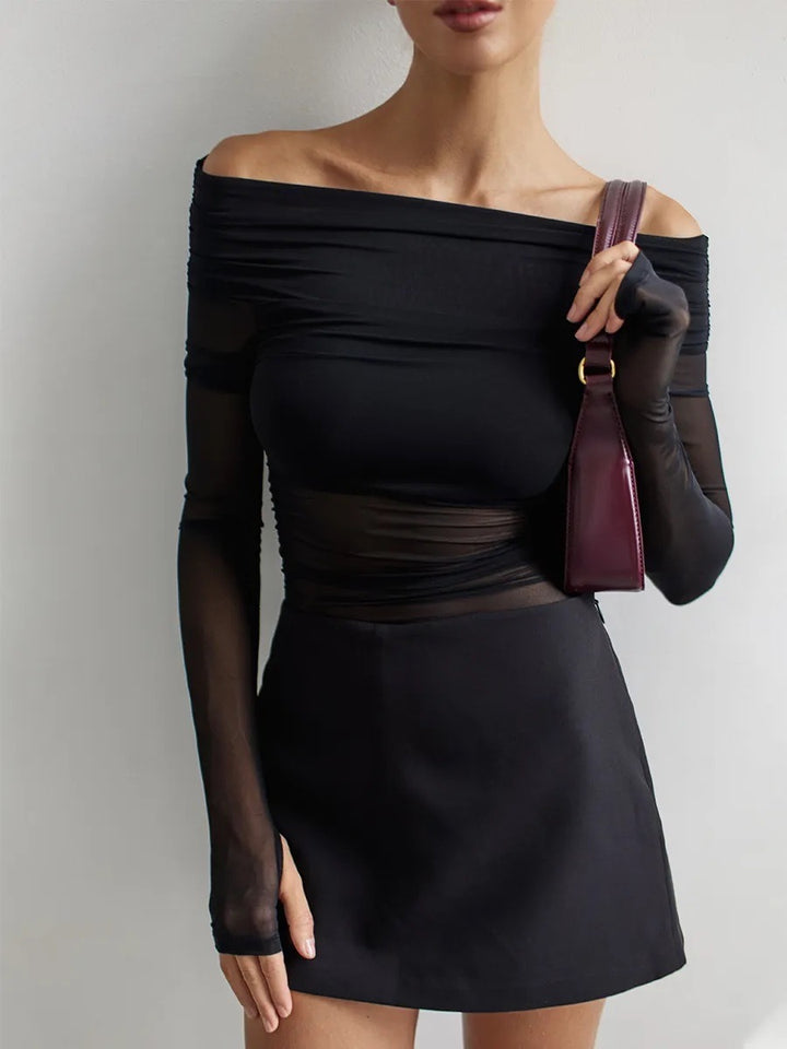 Black Off-Shoulder Sheer Mesh Top