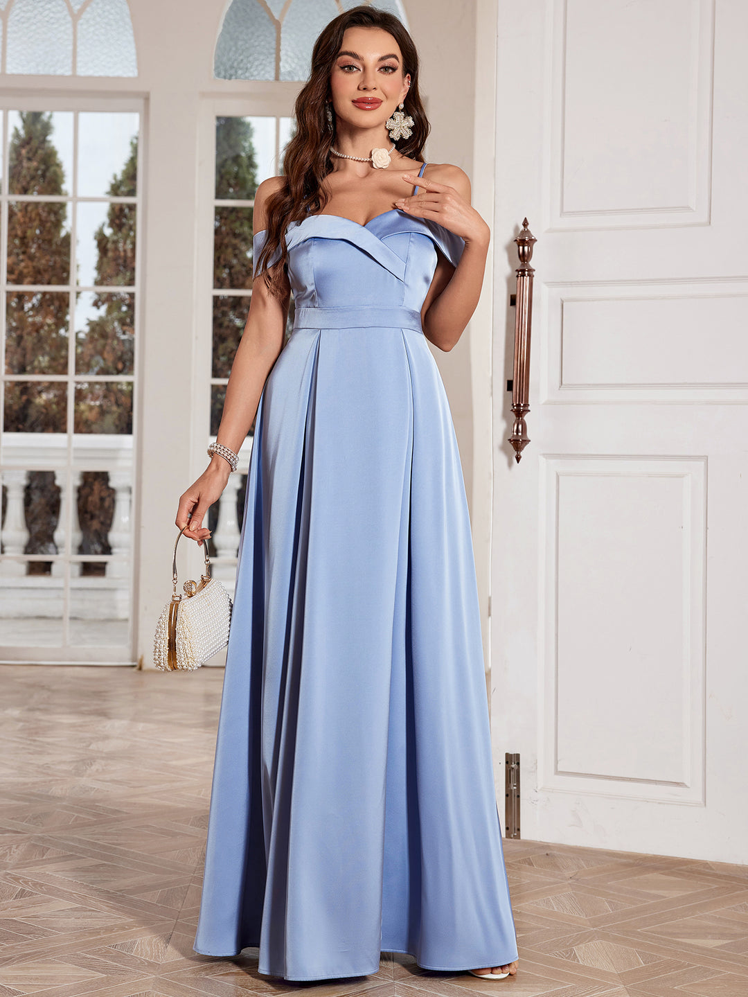 Blue Satin Off Shoulder Gown with Strap Detailing
