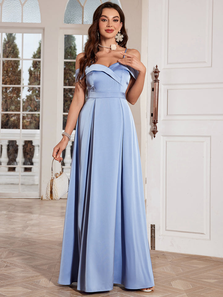 Blue Satin Off Shoulder Gown with Strap Detailing