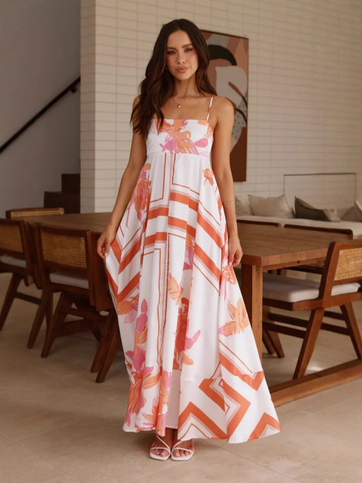 Orange Spaghetti Strap Abstract Printed Dress