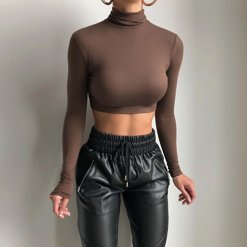 Brown High Neck Long Sleeve Crop Top