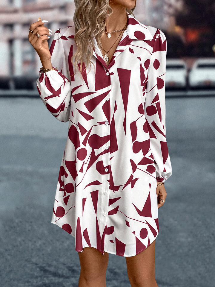 Red Bishop Sleeve Collared Neck Printed Dress