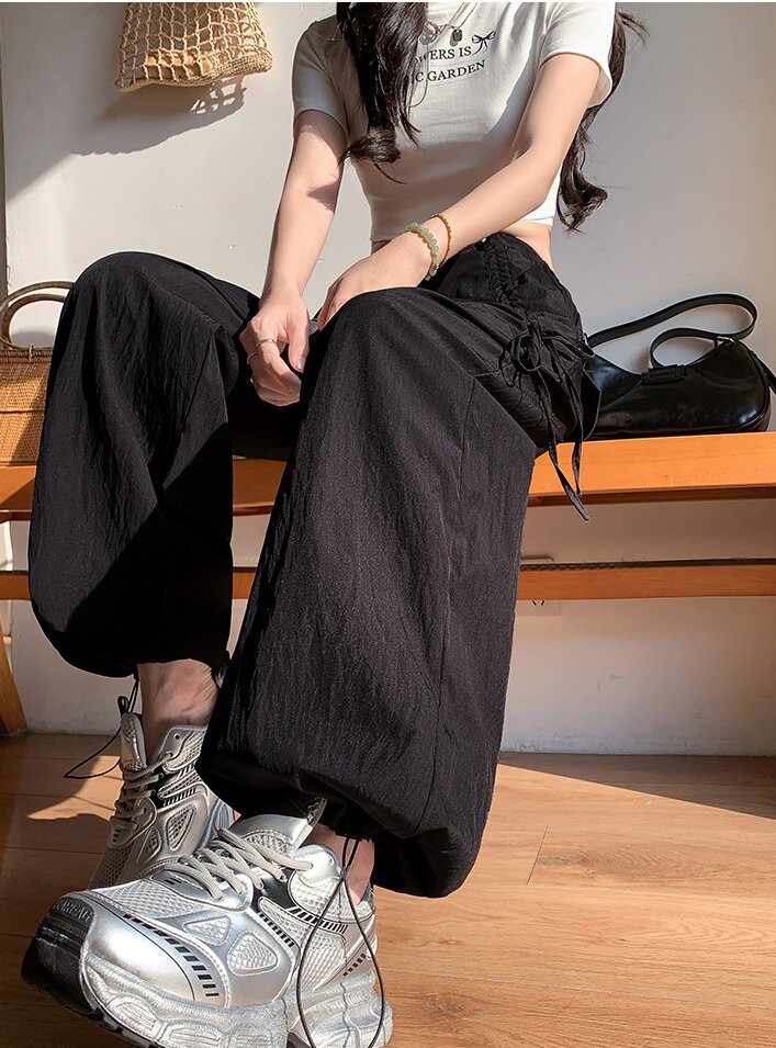 Black Wide Leg Drawstring Parachute Pants