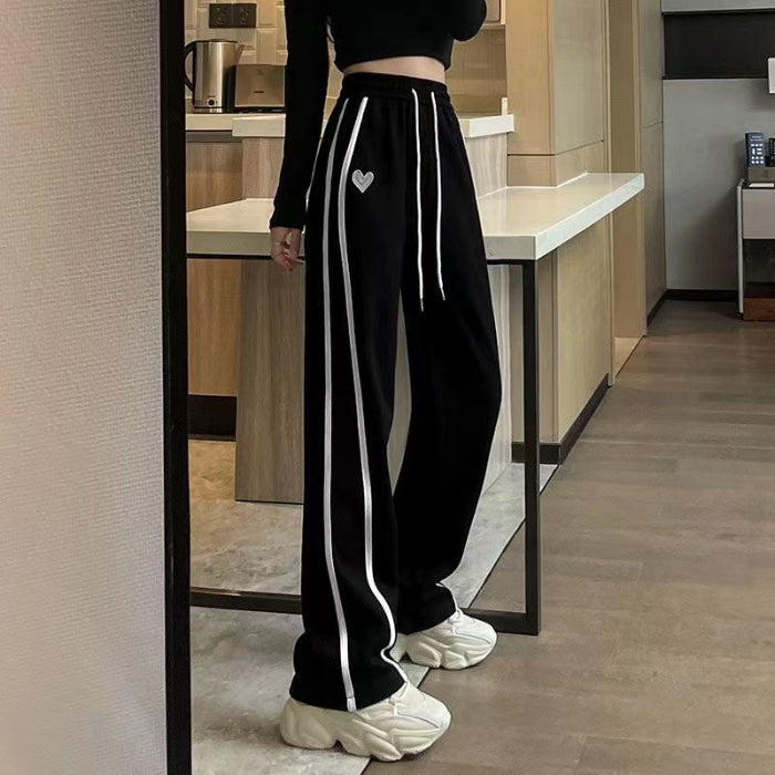 Solid Black Stripped Wide Leg Sweatpants