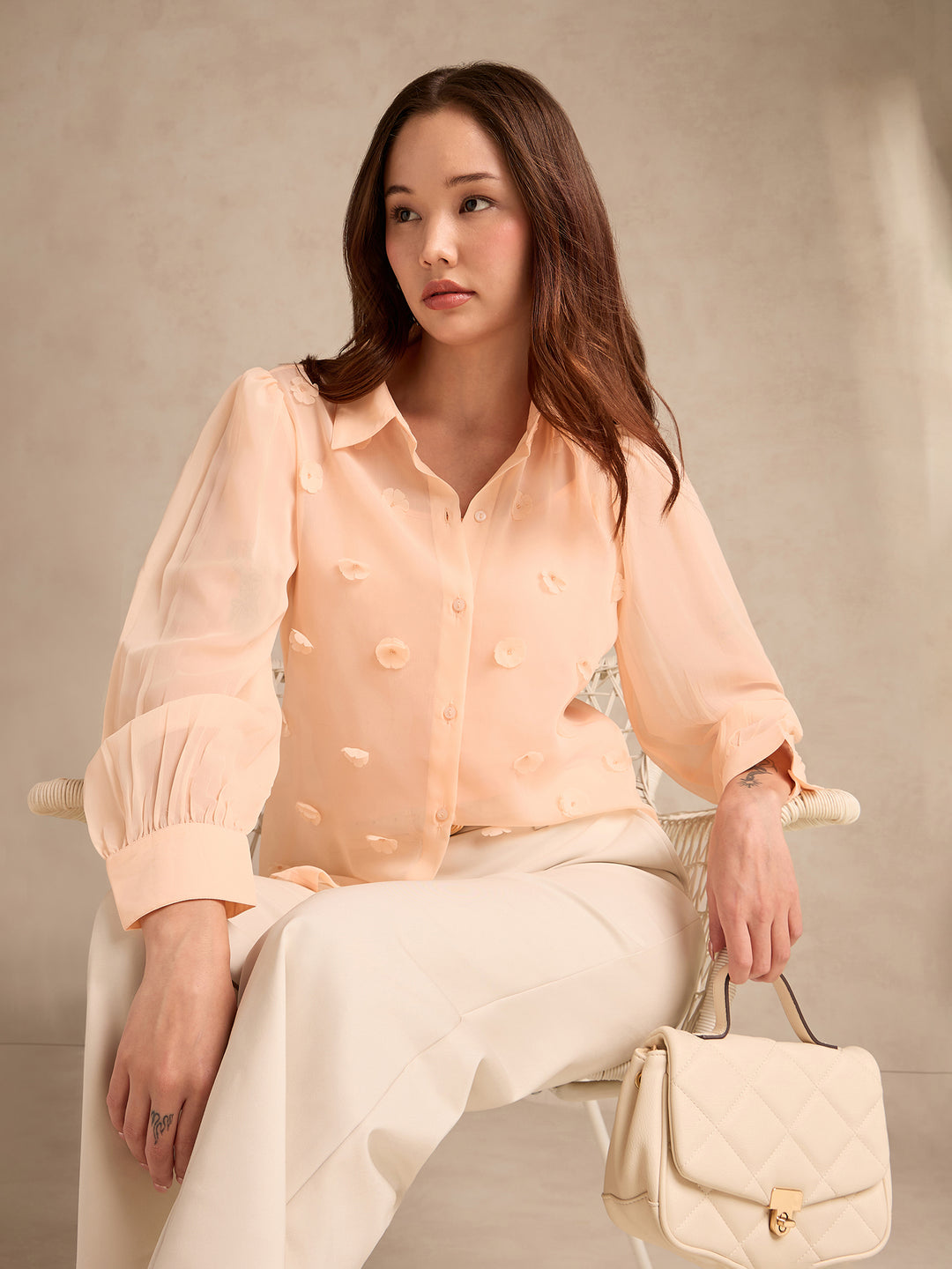 Peach Flowy Georgette Shirt With Applique Flower Embellishment